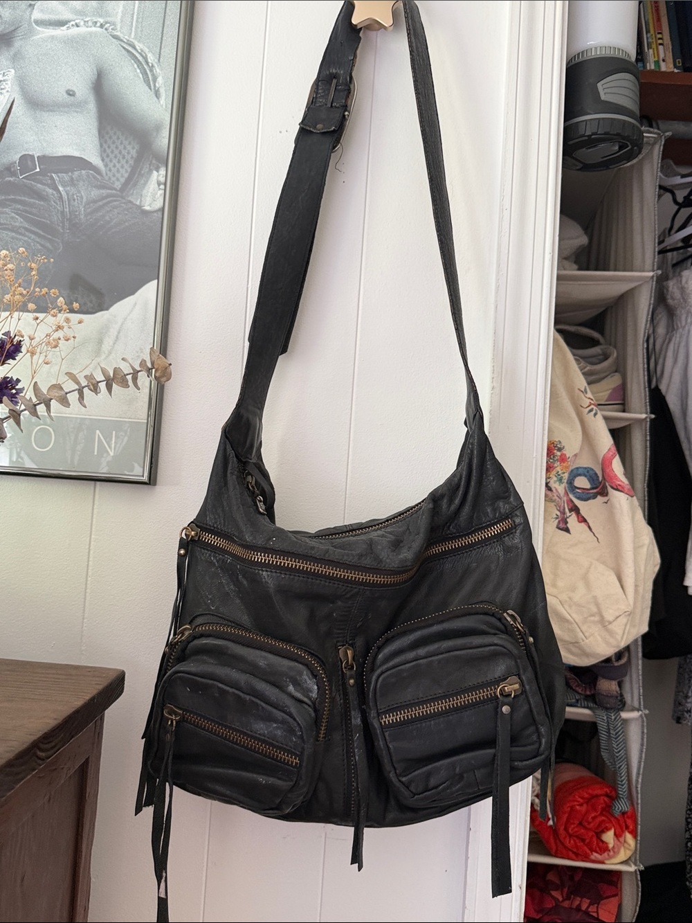 Black Leather Multi-Pocket Shoulder Bag, Pepe Moll